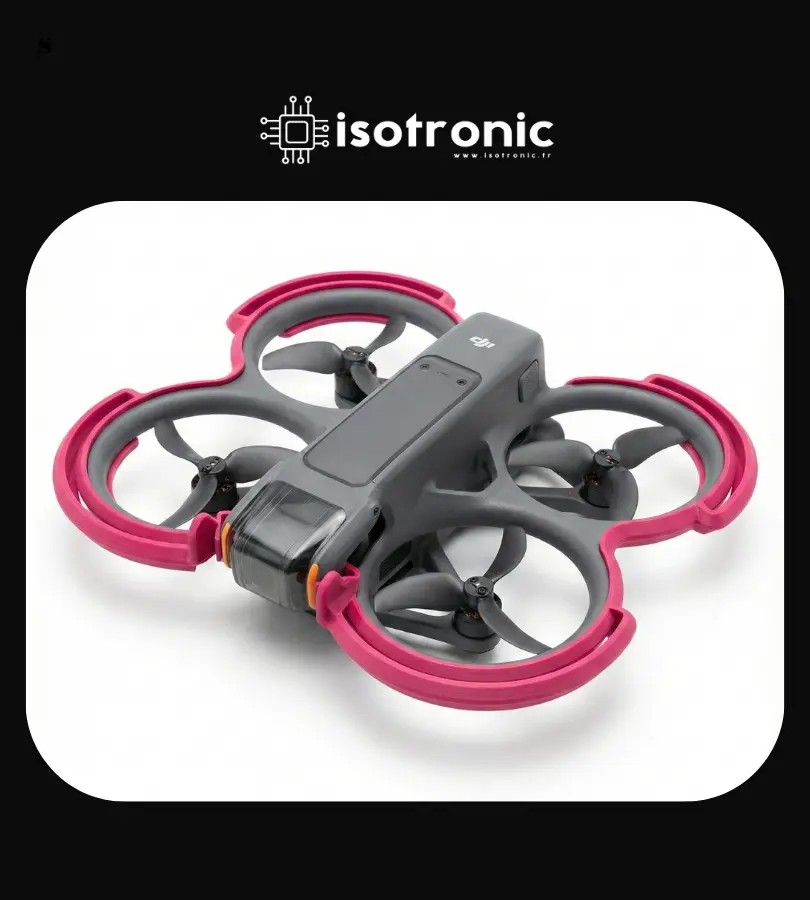 DJI Avata 2 drone üzerine takılmış pembe renkli darbe emici esnek pervane koruyucu tampon seti